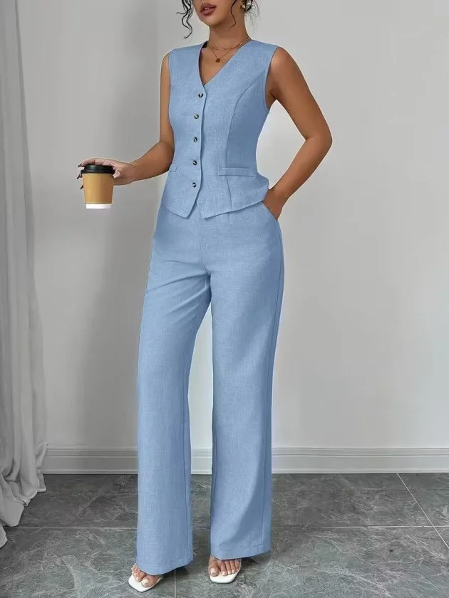 Kadın Askılı önden Düğmeli Bluz Ve Pantolon Keten Ikili Takım