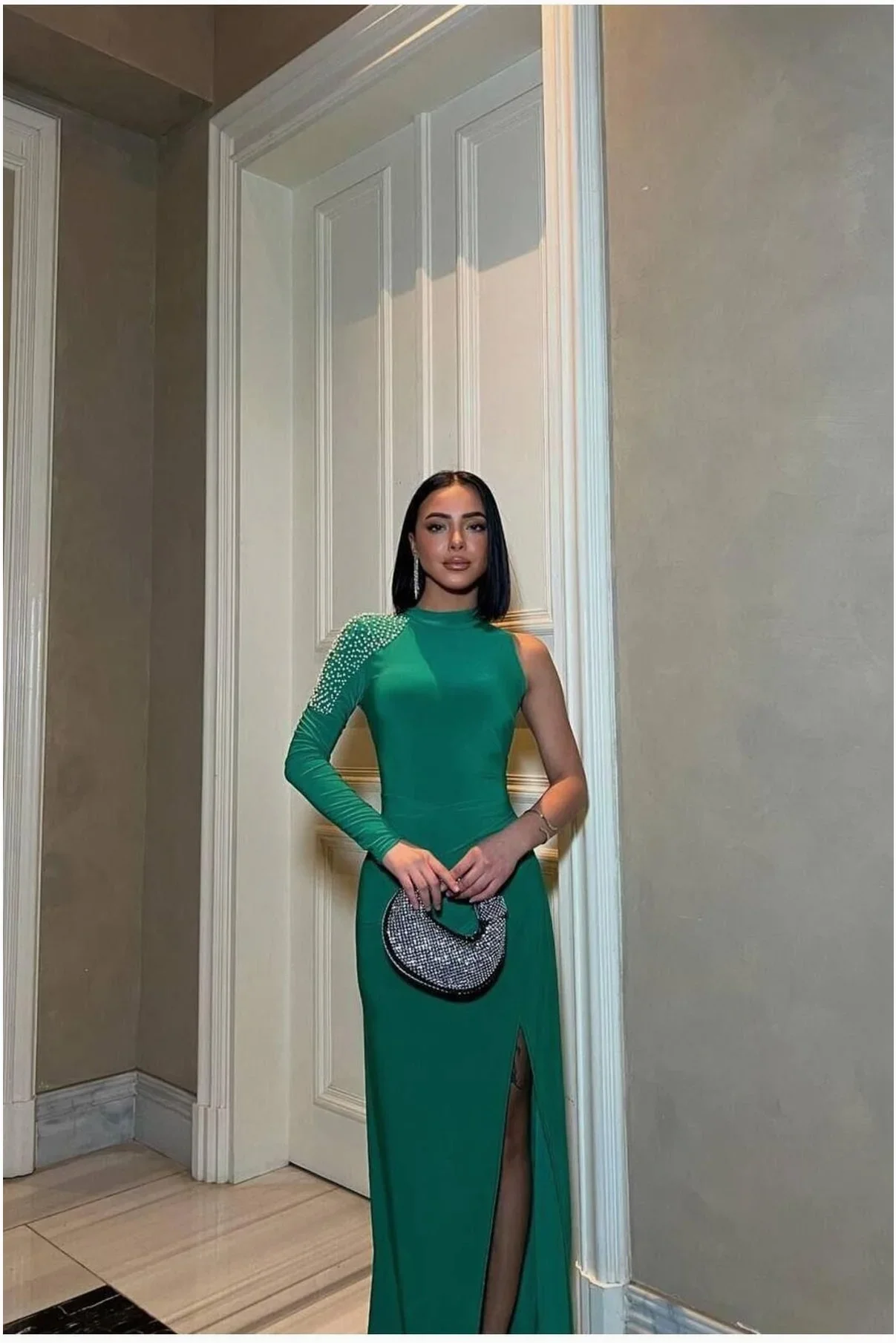 Kadın Yeni Sezon Bisiklet Yaka Tek Kollu Abiye Elbise görsel 2