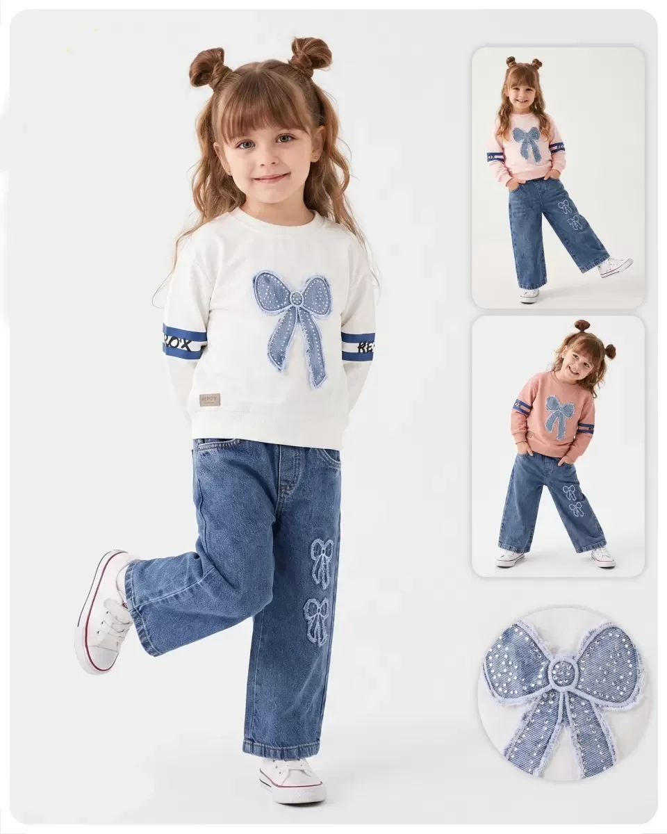 3/6 Yaş Taşlı Fiyonk Nakışlı Sweatli Kot Pantolonlu Çocuk Takımı görsel 2