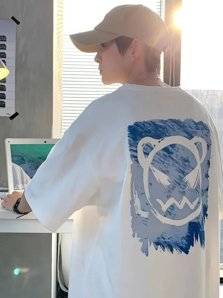 Baskılı Oversize Bisiklet Yaka T-shirt - Beyaz görsel 2