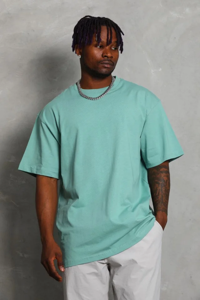 Unisex Oversize Düz Bisiklet Yaka T-Shirt - Mint Yeşili görsel 3