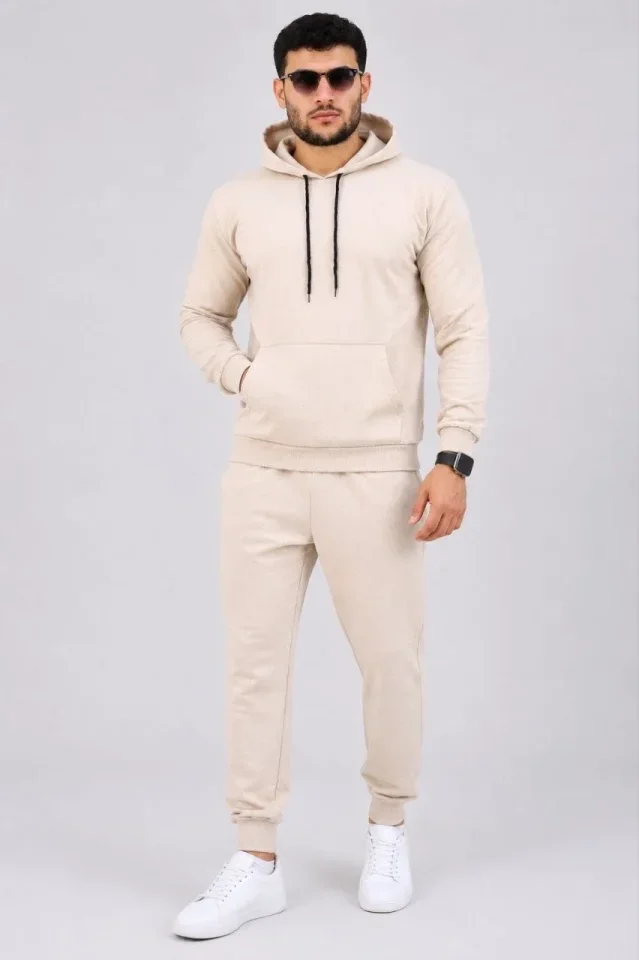 Erkek İki İplik Kapüşonlu Kanguru Cepli Sweatshirt Jogger Pantolon Alt Üst Eşofman Takımı -Bej görsel 3