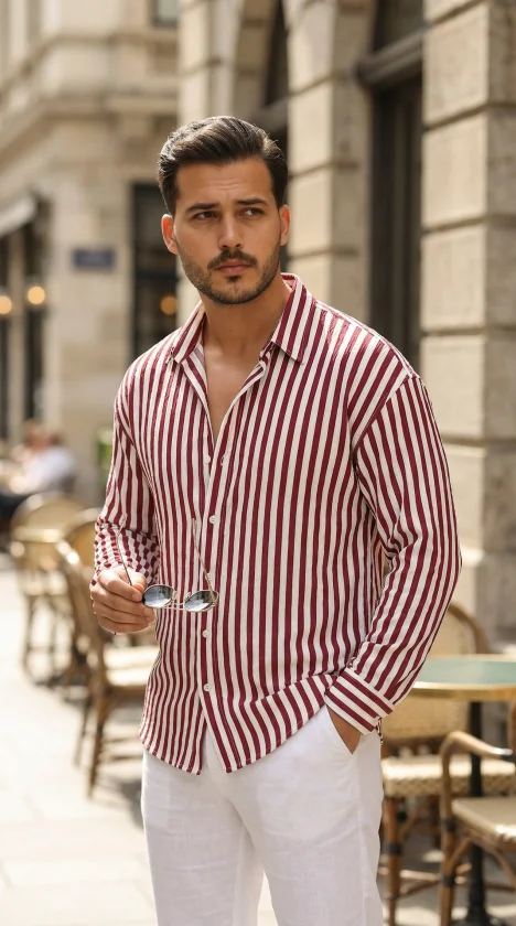 Erkek Dikey Çizgili Yarım Oversize Gömlek görsel 5
