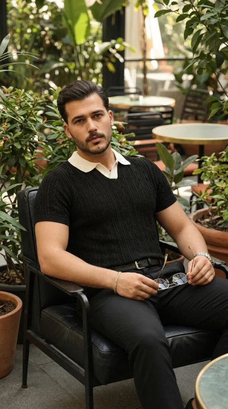 Erkek Desenli Kısa Kollu Triko Tişört - %100 Pamuk Akrilik görsel 6