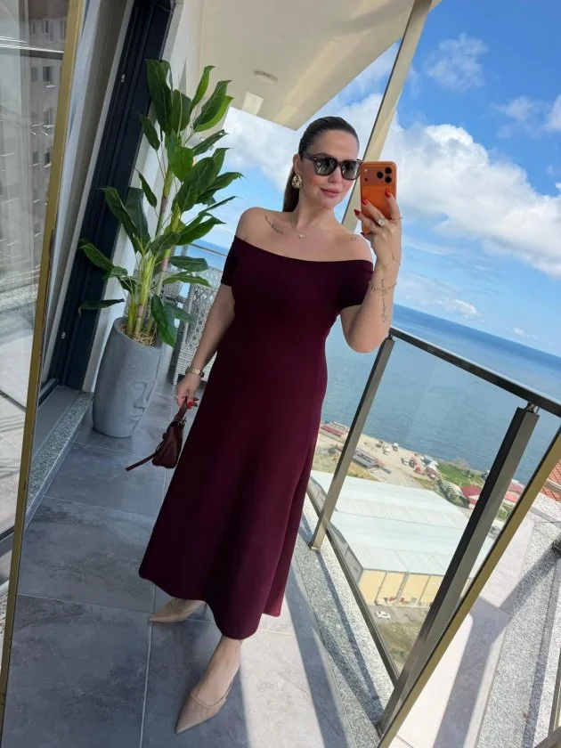 Kadın Madonna Yaka Midi Boy Modal Elbise görsel 5