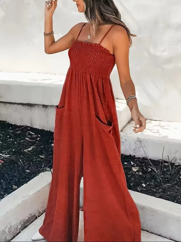 Kadın Ip Askılı Göğsü Lastik Detaylı Cepli Uzun Sofya Tulum görsel 2