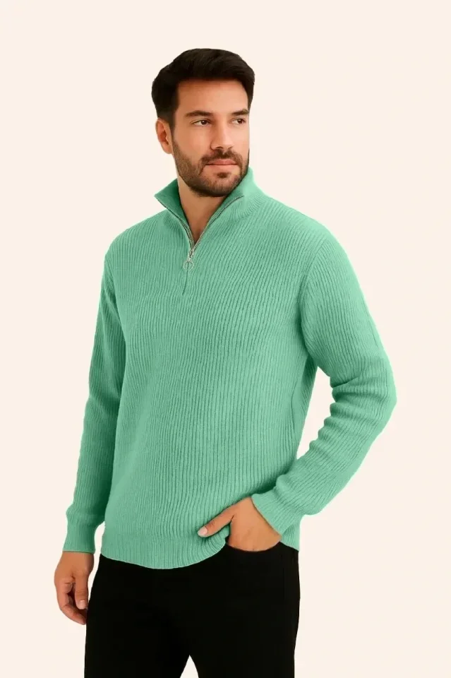 Erkek Fitilli Triko Kazak 3’lü Set – Mint Yeşili, Siyah, Bej Kalın Dokuma Pamuklu Regular Fit V Yaka Fermuarlı Uzun Kollu Rahat Kışlık Kazak Kombini görsel 3