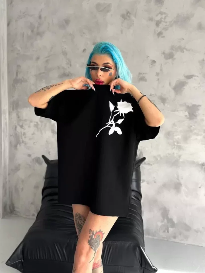 Unisex Bisiklet Yaka Baskılı Oversize T-Shirt - Siyah görsel 2