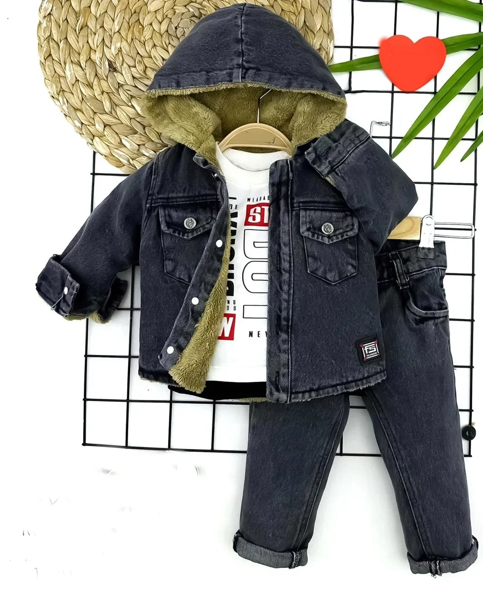 9-12-18-24 Ay İçi Tüylü Kapşonlu Kot Ceket Pantolon Sweatli 3lü Erkek Bebek Takımı