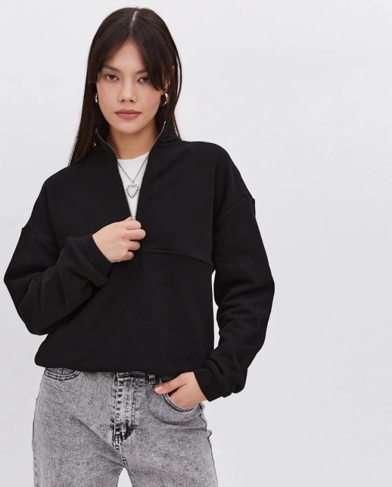 Oversize Yarım Farmuarlı Yakalı Basic SweatShirt - Siyah görsel 3