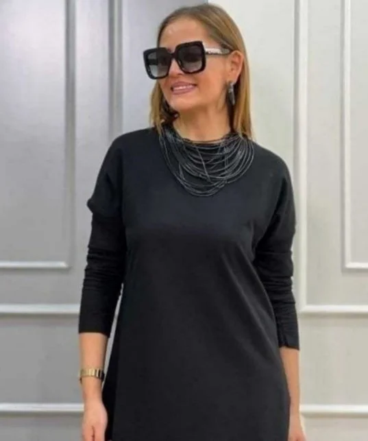 Kadın Uzun Kollu Bisiklet Yaka Etek Ucu Deri Dantelli Viskon Iki Iplik Midi Elbise görsel 2
