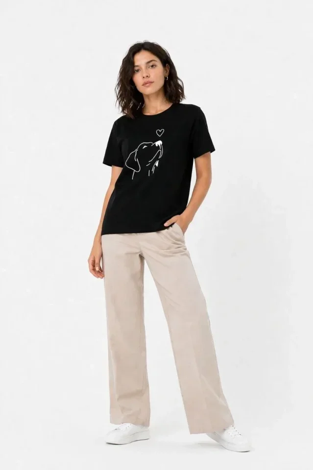 Köpek Figürlü Minimal Baskılı Tişört Kısa Kol Yazlık T-Shirt - Siyah görsel 2