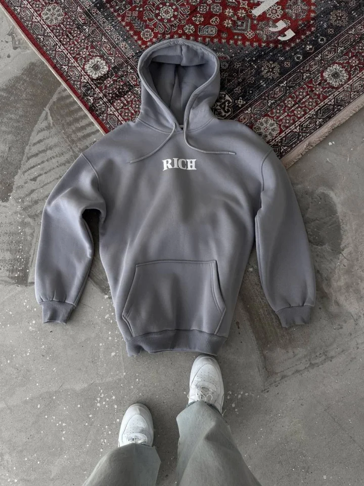 Uzun Kol Kapşonlu Göğüs Baskılı SweatShirt - Gri görsel 2