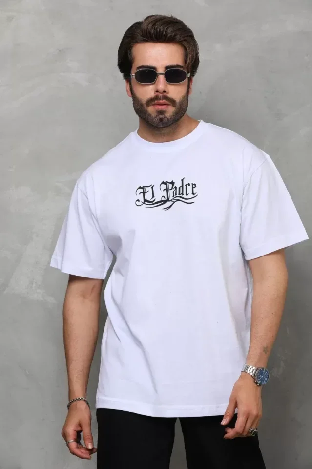 Unisex Bisiklet Yaka Baskılı Oversize T-Shirt - Beyaz görsel 2