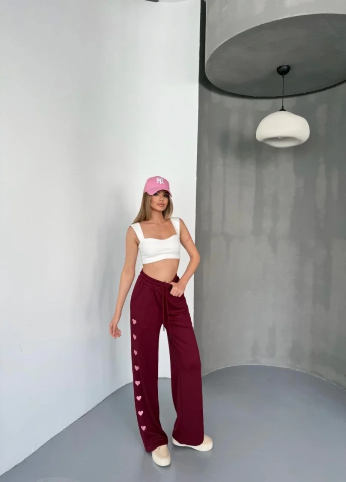 Osy Modal Yumuşak Dokulu Kumaş Nakış Işlemeli Rahat Bol Paça Eşofman Pantalon - Bordo
