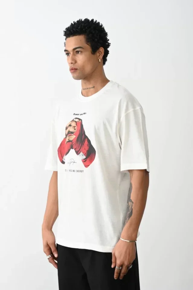 Unisex Baskılı Oversize T-Shirt - Beyaz görsel 2