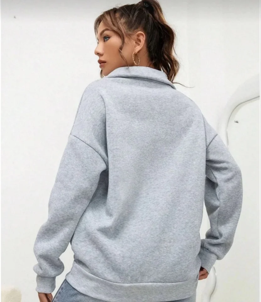 Unisex Uzun Kol Yarım Farmuarlı Yakalı Basic SweatShirt - Gri görsel 3