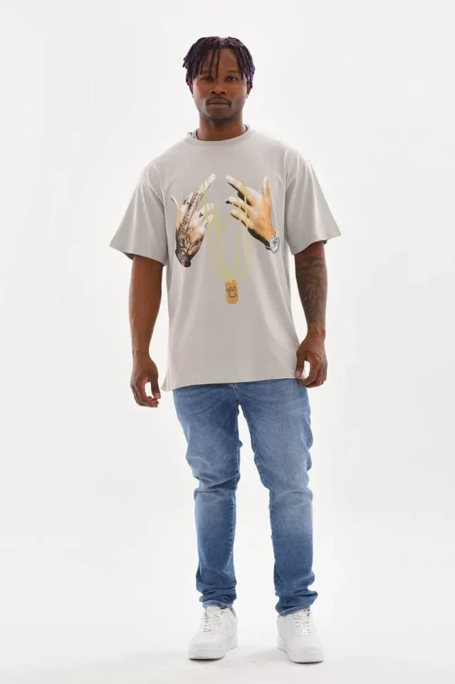 Unisex Baskılı Oversize T-Shirt - Gri görsel 4