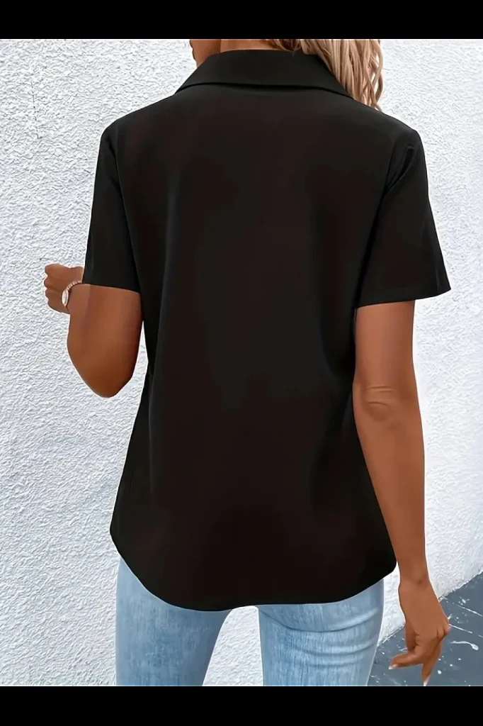 Kadın Kısa Kollu Ceket Yaka önü Fermuarlı Cep Detay Kısa Kol Ithal Krep Bluz görsel 3