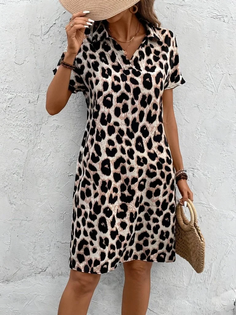 Kadın Kısa Kollu Yakalı Leopar Desenli Süprem Elbise görsel 2