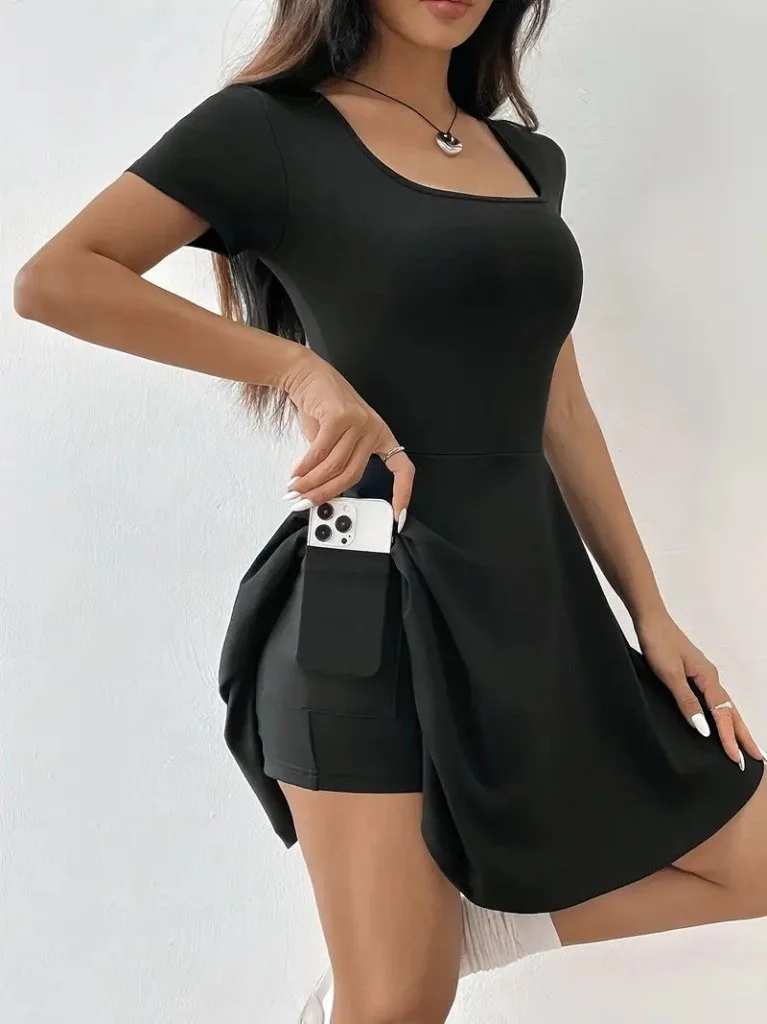 Kadın Kısa Kollu Kare Yaka Short Detaylı Cepli Dalgıç Elbise görsel 3