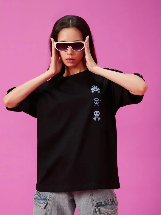 Baskılı Oversize T-shirt - Siyah görsel 2