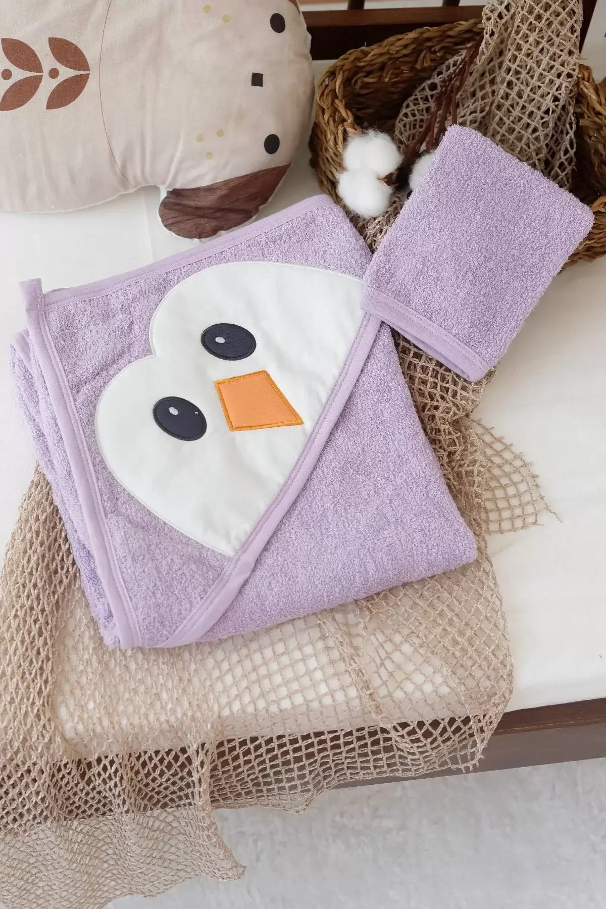 Penguen Nakışlı Unisex Şapka Ve Keseli Bebek Banyo Havlusu görsel 6