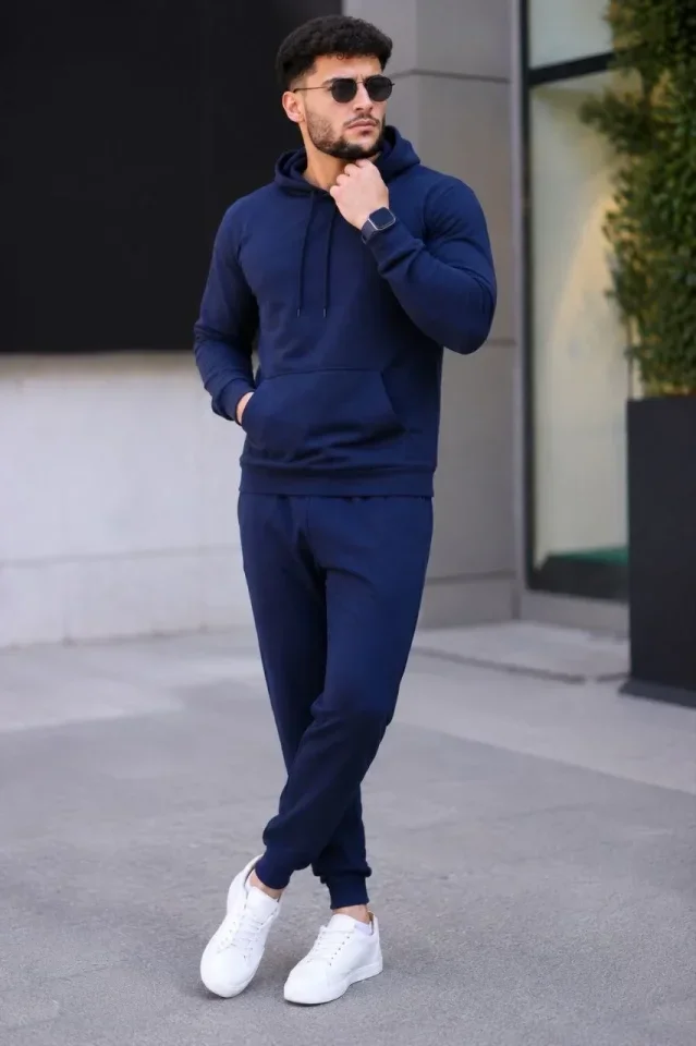 Erkek İki İplik Kapüşonlu Kanguru Cepli Sweatshirt Jogger Pantolon Alt Üst Eşofman Takımı - Lacivert görsel 4