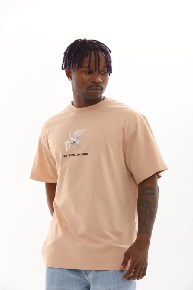 Unisex Baskılı Oversize T-Shirt - Bej görsel 3