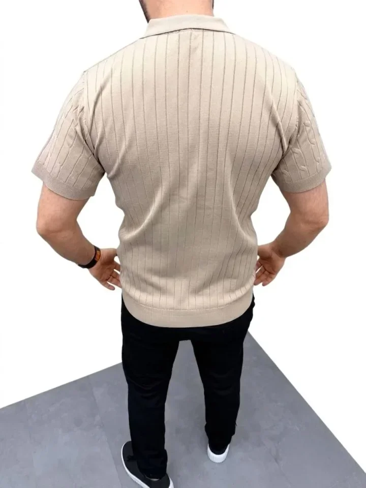 Erkek Yazlık Triko Saç Örgü Tişört Kısa Kol Polo Yaka Fermuarlı T-Shirt - Bej görsel 3