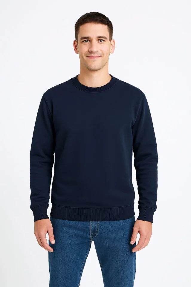 Erkek Üç İplik Düz Bisiklet Yaka SweatShirt - Lacivert görsel 2
