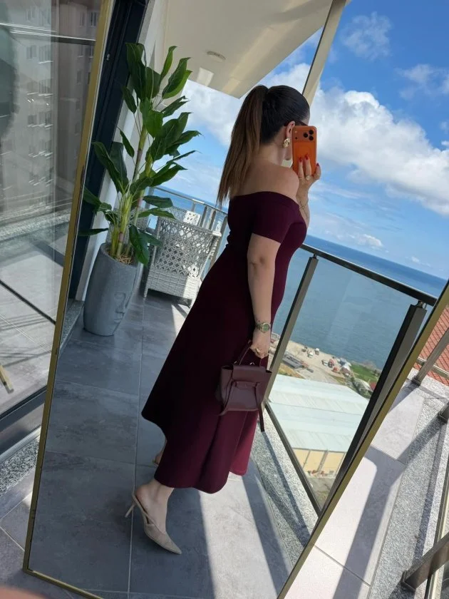 Kadın Madonna Yaka Midi Boy Modal Elbise görsel 6