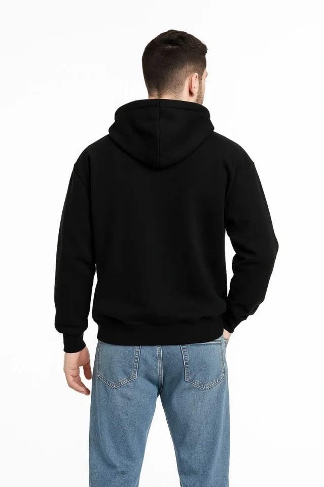 Erkek Kapüşonlu Sweatshirt Hoodie 3 İplik Şardonlu Pamuklu Kumaş, Önü Baskılı, Fermuarlı Rahat Kalıp, Kışlık Ve Sokak Stili Sweat - Siyah görsel 3