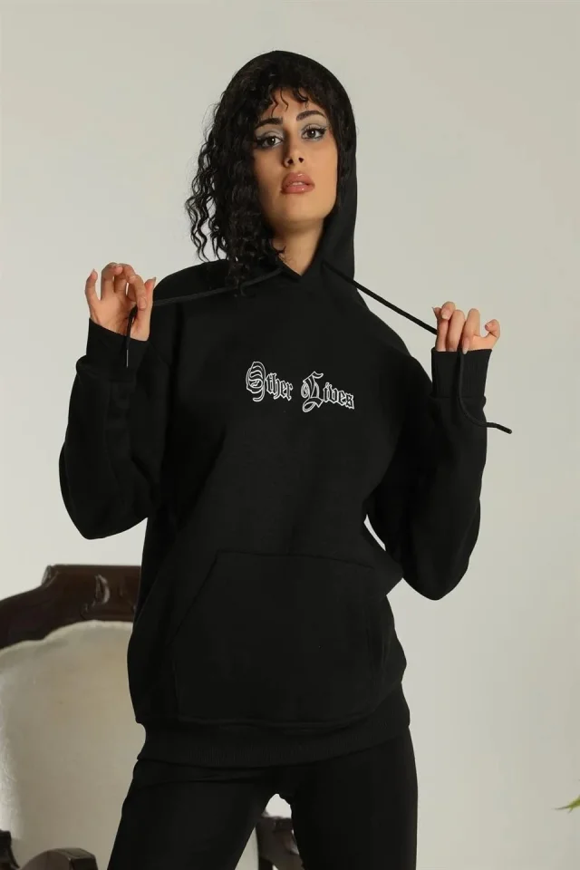 Oversize Üç İplik Kapüşonlu Sweatshirt – Siyah “Other Lives” Ön Ve Arka Baskılı, Şardonlu Kışlık, Rahat Günlük Model Siiyah