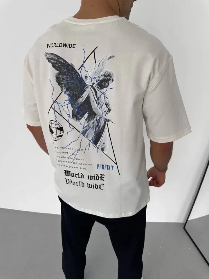 Unisex Bisiklet Yaka Baskılı Oversize T-Shirt - Beyaz görsel 2