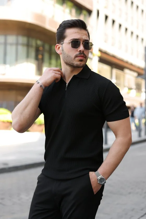 Erkek Fermuarlı Yakalı Kısa Kollu Tshirt görsel 5