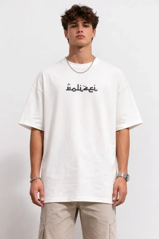 Erkek Bisiklet Yaka Baskılı Kısa Kollu Tişört Streetwear Günlük Basic Pamuklu T-shirt - Beyaz görsel 2