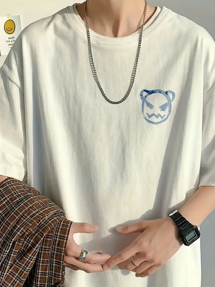 Baskılı Oversize Bisiklet Yaka T-shirt - Beyaz görsel 4