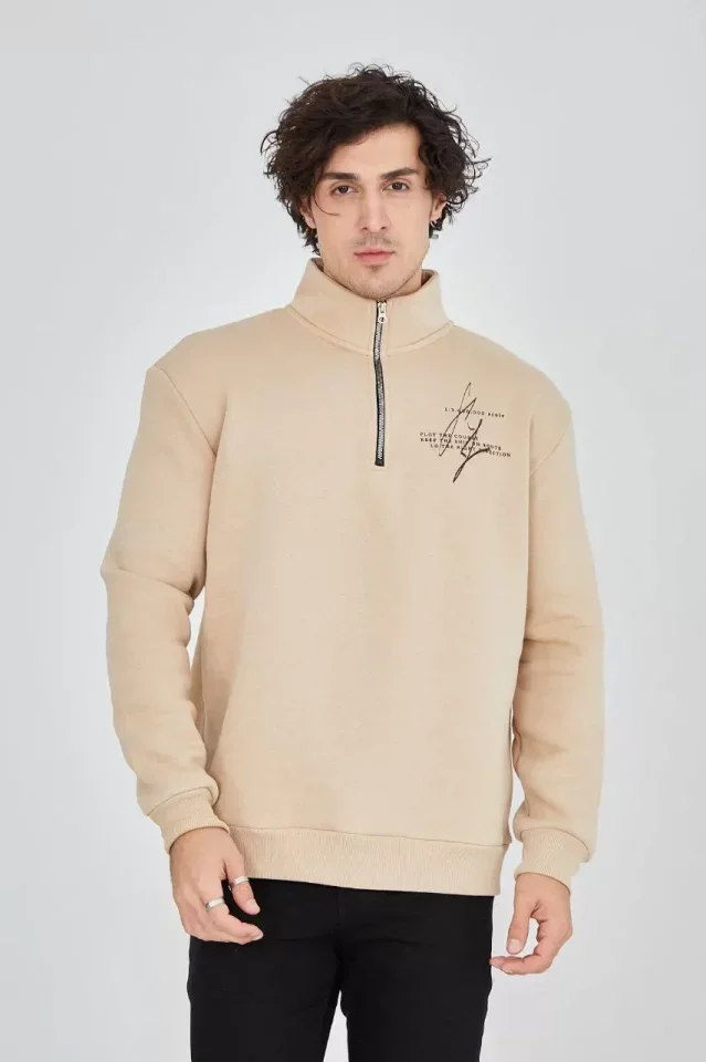 Erkek Yarım Fermuarlı Baskılı Sweat - Bej görsel 2