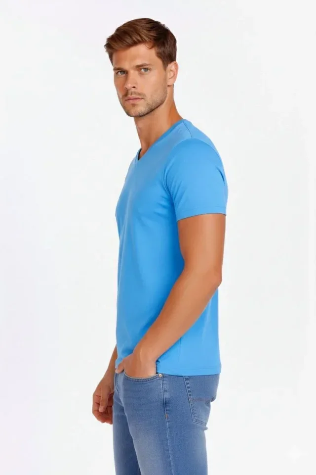 Erkek T-Shirt V Yaka Slim Fit Dar Kesim Likralı Tişört Günlük Basic Body - Açık Mavi görsel 2