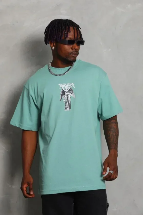Erkek Baskılı T-Shirt Kısa Kol Bisiklet Yaka Regular Fit Rahat Kalıp Günlük Tişört - Mint Yeşili