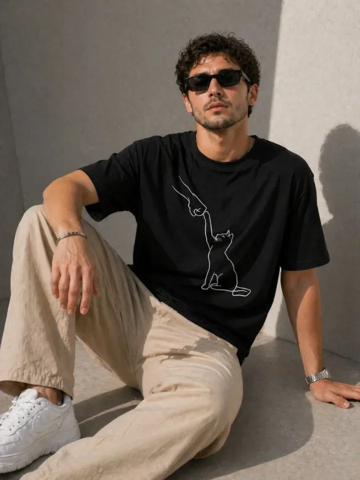 Erkek Minimal Kedi Çizim Baskılı Tişört Kısa Kol Yazlık T-Shirt - Siyah görsel 4