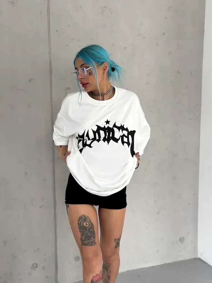 Unisex Bisiklet Yaka Baskılı Oversize T-Shirt - Beyaz görsel 2