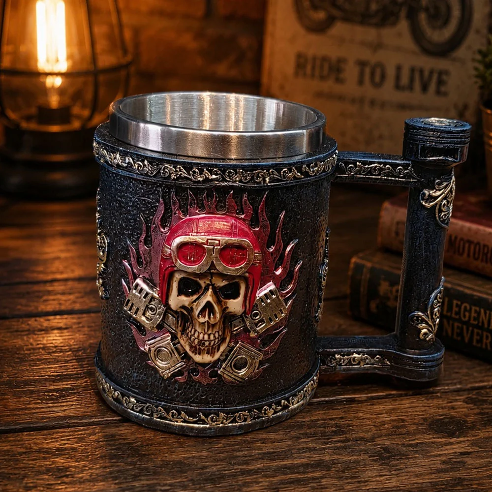 Kuru Kafa Motorcu Tasarımlı 3D Metal Kupa Bardak - Çelik İç Yüzey