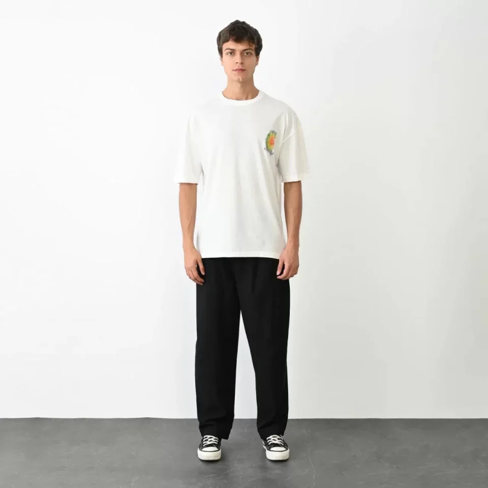 Unisex Bisiklet Yaka Baskılı Oversize T-Shirt - Beyaz görsel 2