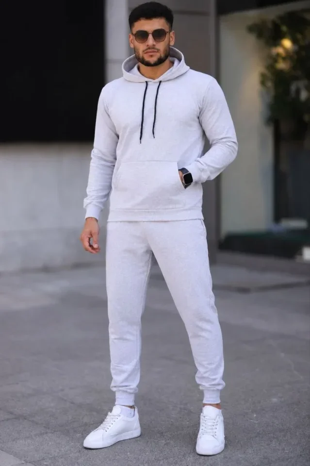 Erkek İki İplik Kapüşonlu Kanguru Cepli Sweatshirt Jogger Pantolon Alt Üst Eşofman Takımı -Beyaz görsel 4