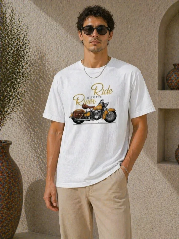 Erkek Motosiklet Baskılı Tişört Bisiklet Yaka Kısa Kol Yazlık T-Shirt - Beyaz görsel 3