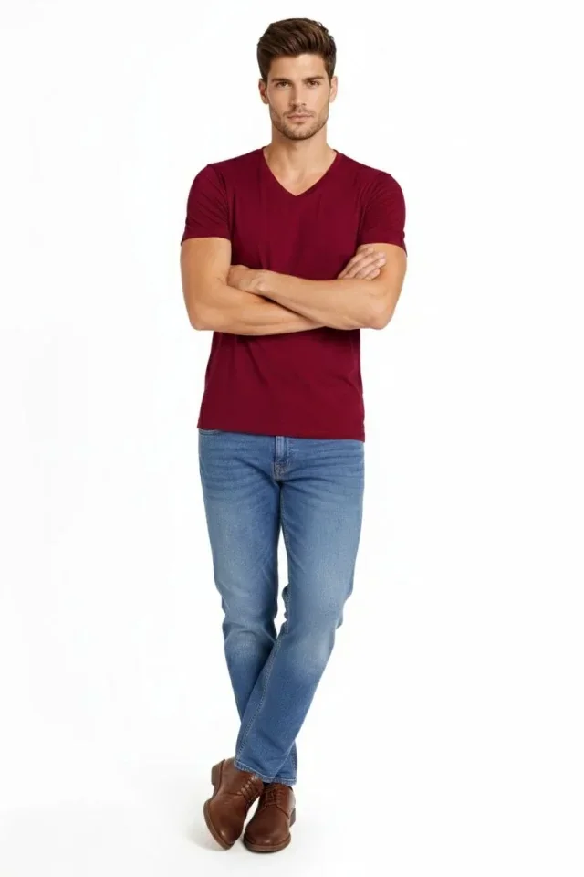 Erkek T-Shirt V Yaka Slim Fit Dar Kesim Likralı Tişört Günlük Basic Body - Bordo görsel 4