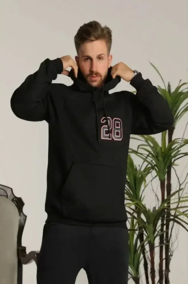 Unisex Kapşonlu Baskılı Sweetshirt - Siyah görsel 2