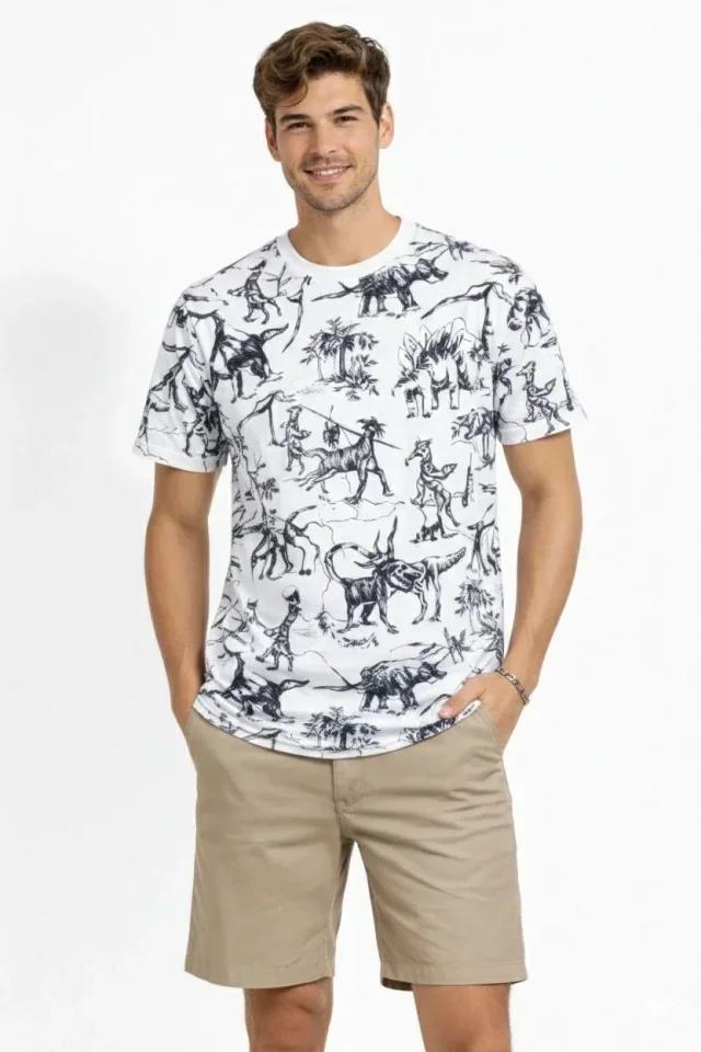 Erkek Beyaz Dinozor Desenli Tişört – Regular Fit, Bisiklet Yaka, Dijital Baskılı Pamuklu T-Shirt - Beyaz görsel 3
